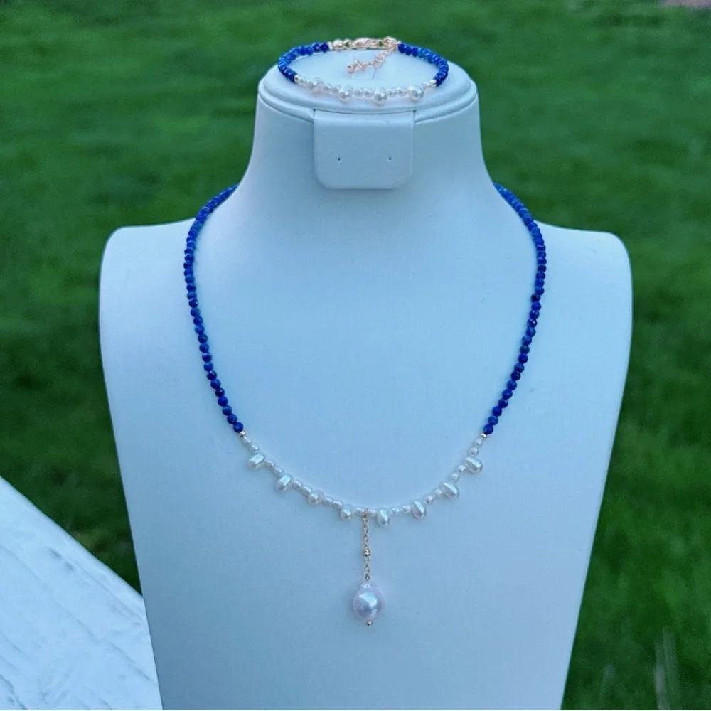 AM69 Handmade Freshwater Baroque Pearl Lapis Necklace Bracelet Set - Picture 4 of 8